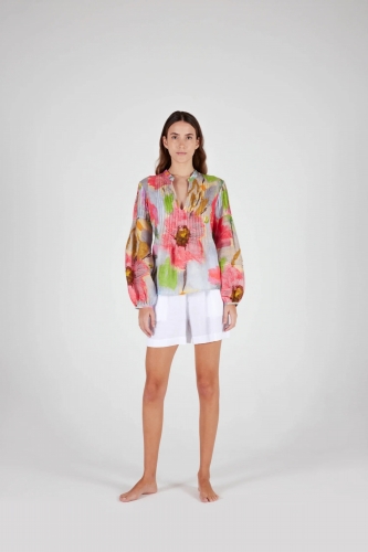 120% lino Short sleeve printed women shirt washed 